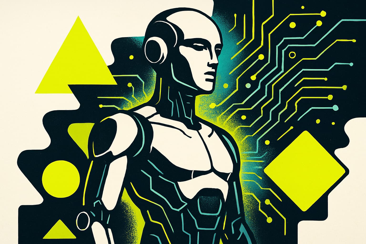 A futuristic humanoid robot amidst abstract geometric shapes and vibrant colors, symbolizing innovation and technology.
